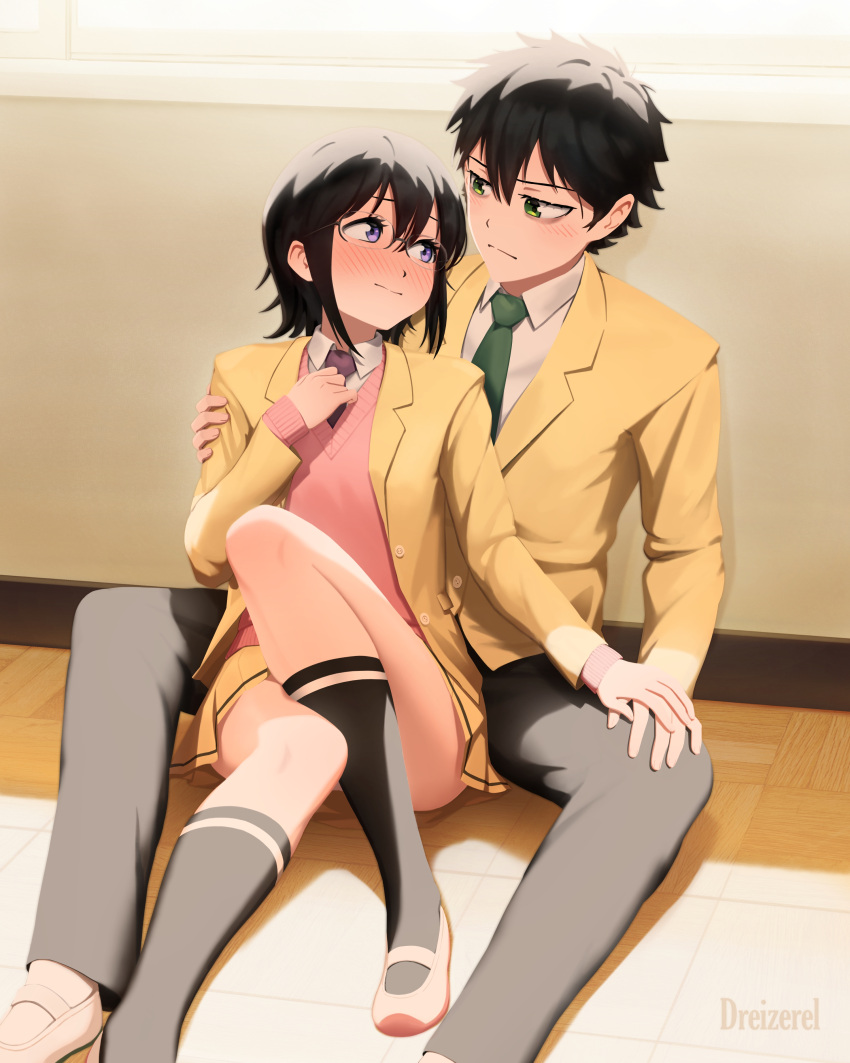 1boy 1girl absurdres artist_name black_hair blush collared_shirt dreizerel glasses green_eyes hand_on_another's_arm hand_on_another's_hand highres komiyama_kotomi kuroki_tomoki looking_at_another necktie pink_sweater_vest school school_uniform semi-rimless_eyewear shirt short_hair sidelocks sweater_vest vest watashi_ga_motenai_no_wa_dou_kangaetemo_omaera_ga_warui!