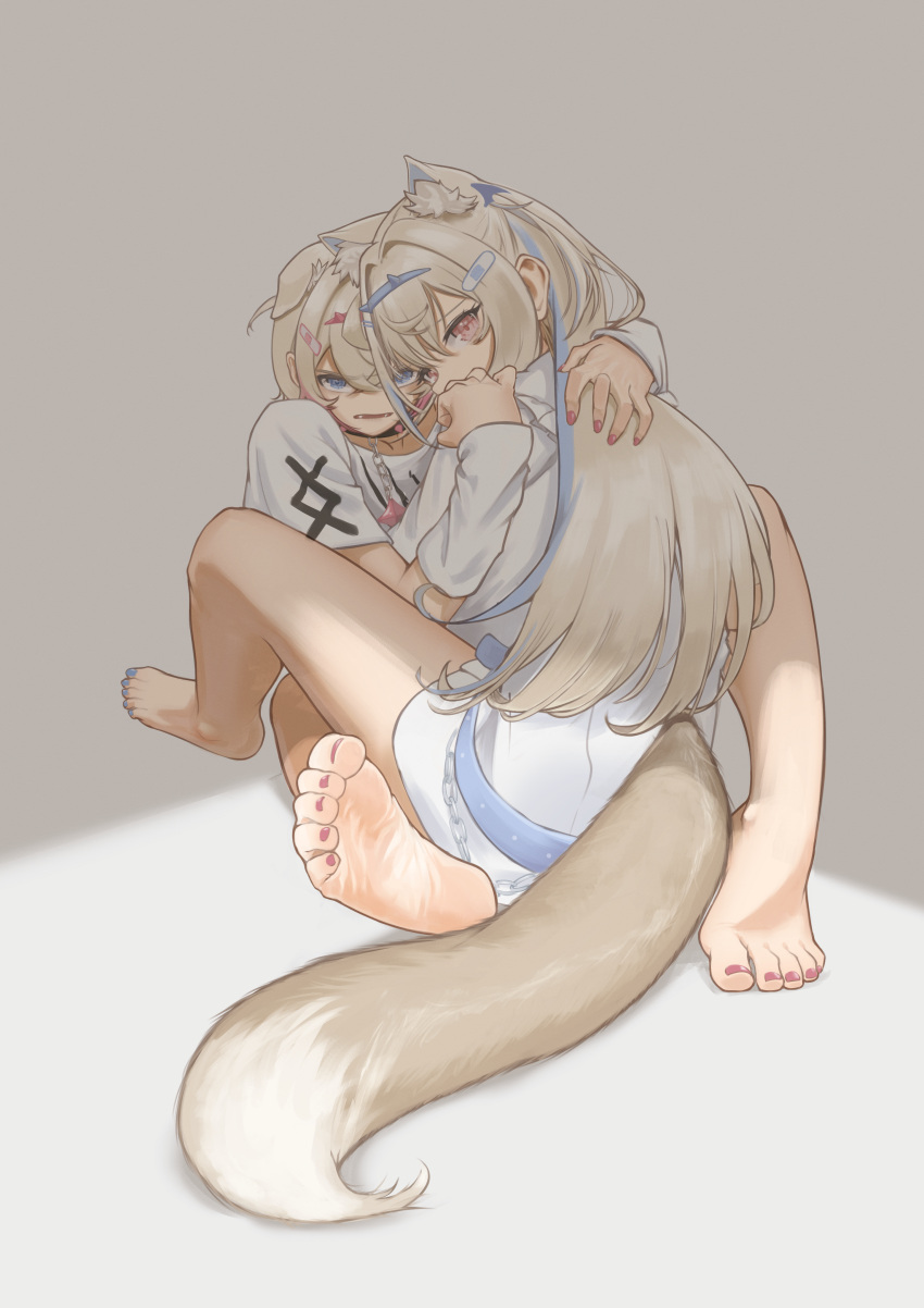2girls absurdres aiharararara animal_ear_fluff animal_ears bandaid bandaid_hair_ornament bare_legs barefoot blonde_hair blue_eyes blue_hair blue_sash dog_ears dog_girl english_commentary eyelashes feet foot_focus foreshortening from_behind full_body fuwawa_abyssgard grey_background hair_between_eyes hair_intakes hair_ornament highres hololive hololive_english hug knee_up legs looking_at_viewer mixed-language_commentary mococo_abyssgard multicolored_hair multiple_girls on_ground open_mouth pink_eyes pink_hair pink_nails sash short_sleeves siblings sidelocks sitting soles streaked_hair toe_scrunch toes twins virtual_youtuber