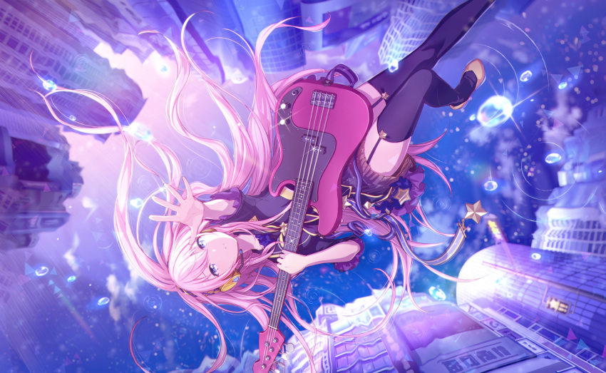 1girl ameagari_no_ichibanhoshi_(project_sekai) arm_up black_neckerchief black_shirt black_skirt blue_eyes closed_mouth colorful_palette electric_guitar frilled_skirt frilled_sleeves frills garter_straps gradient_skirt guitar headphones headset highres holding holding_instrument instrument leo/need_(project_sekai) leo/need_luka long_hair long_sleeves lying megurine_luka microphone neckerchief official_art on_back pink_hair project_sekai reaching reaching_towards_viewer reflection ripples shirt shoes skirt solo sparkle star_ornament third-party_source very_long_hair water water_drop