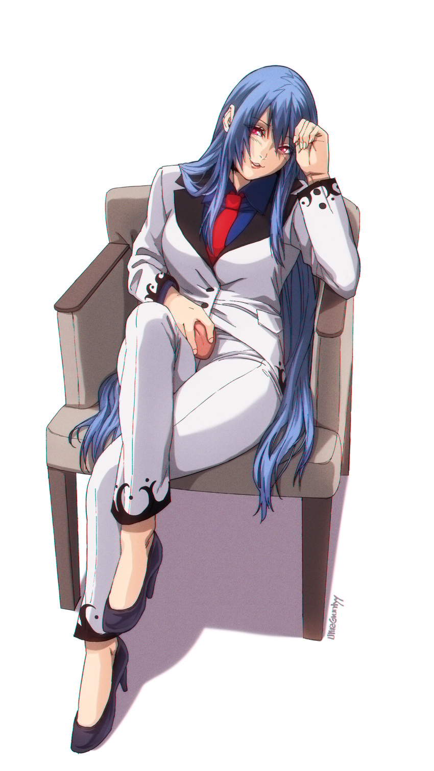 1girl :3 absurdres alternate_costume armchair artist_name blue_hair blue_shirt chair commentary commission crossed_legs english_commentary food formal fruit hand_on_own_forehead high_heels highres hinanawi_tenshi holding holding_food holding_fruit lips long_hair looking_at_viewer necktie no_headwear red_eyes red_necktie shadow shirt simple_background sitting solo suit touhou ultragruntyy variant_set very_long_hair white_background white_suit