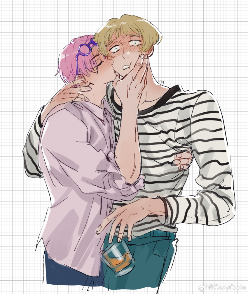 2boys blonde_hair blush coby_(one_piece) cropped_torso eyewear_on_head glasses helmeppo highres kiss kissing_cheek male_focus mcbuckwheat multiple_boys one_piece pink_hair shirt short_hair sunglasses surprise_kiss surprised t-shirt yaoi