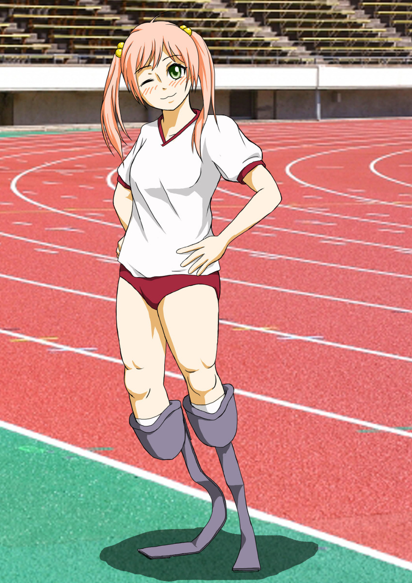 1girl :3 absurdres amputee bleachers blush breasts buruma commentary_request green_eyes gym_shirt gym_uniform hair_bobbles hair_ornament hands_on_own_hips head_tilt highres ibarazaki_emi katawa_shoujo ken_katabami long_hair looking_at_another looking_at_viewer one_eye_closed photo_background pink_hair red_buruma running_blades running_track shirt small_breasts smile solo stadium thighs twintails