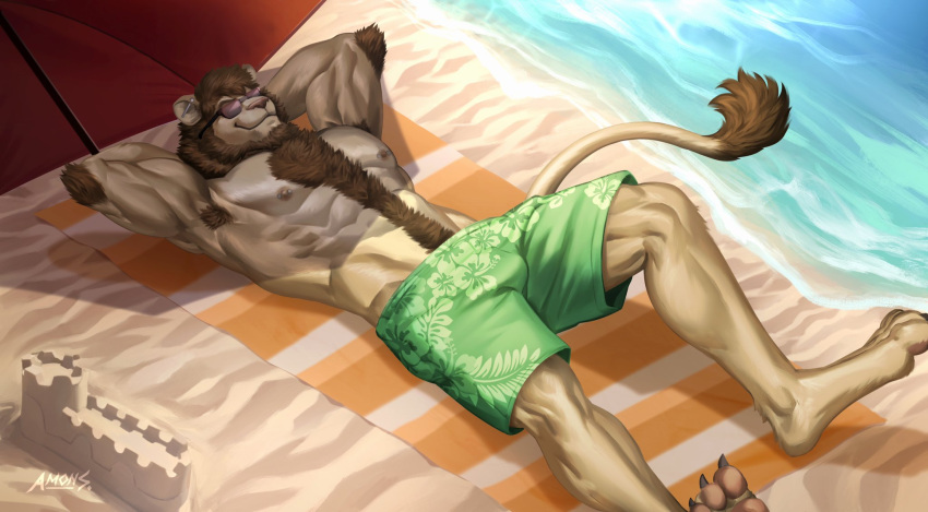 abs amon-sydonai anthro arm_tuft armpit_hair athletic beach beach_towel biceps body_hair bottomwear brown_hair chest_hair chest_tuft claws clothed clothing elbow_tuft eyewear feet felid fur glasses hair hairy hands_behind_head head_tuft hi_res hindpaw lion lying male mammal muscular muscular_anthro muscular_legs muscular_male nipple_piercing nipples on_back pantherine paws pecs piercing relaxing seaside serratus shorts solo sunglasses swimwear tail tail_tuft tan_body tan_fur topless towel tuft umbrella water watermark