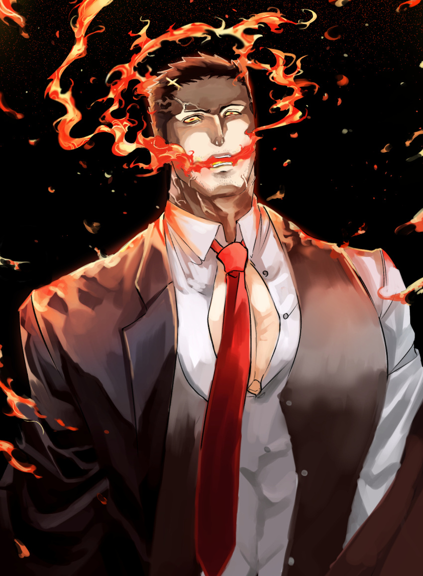 1boy bara breathing_fire facial_hair fire formal highres itaru_(kidomh63) large_pectorals looking_at_viewer male_focus mature_male muscular muscular_male necktie partially_unbuttoned pectoral_cleavage pectorals pyrokinesis red_necktie short_hair solo stubble suit tokyo_afterschool_summoners upper_body zabaniyya_(fashionista_suit)_(housamo) zabaniyya_(housamo)