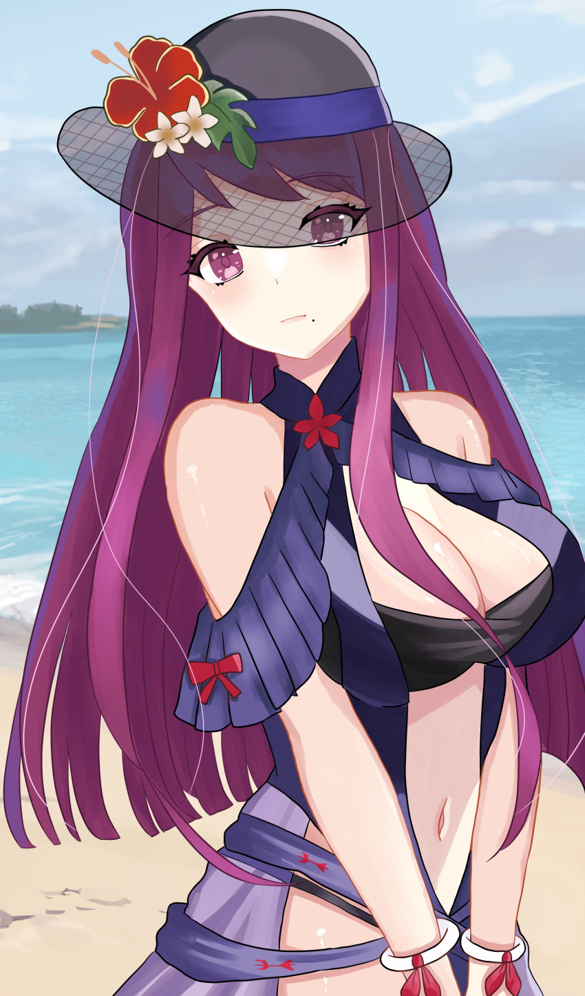 1girl absurdres bandeau bare_shoulders black_headwear blue_one-piece_swimsuit blue_sky breasts cleavage cloud commentary_request day fire_emblem fire_emblem_engage fire_emblem_heroes flower hat hat_flower highres ivy_(fire_emblem) large_breasts long_hair looking_at_viewer n_54 navel ocean official_alternate_costume one-piece_swimsuit outdoors purple_eyes purple_hair red_flower see-through sky solo stomach swimsuit upper_body v_arms very_long_hair water white_flower