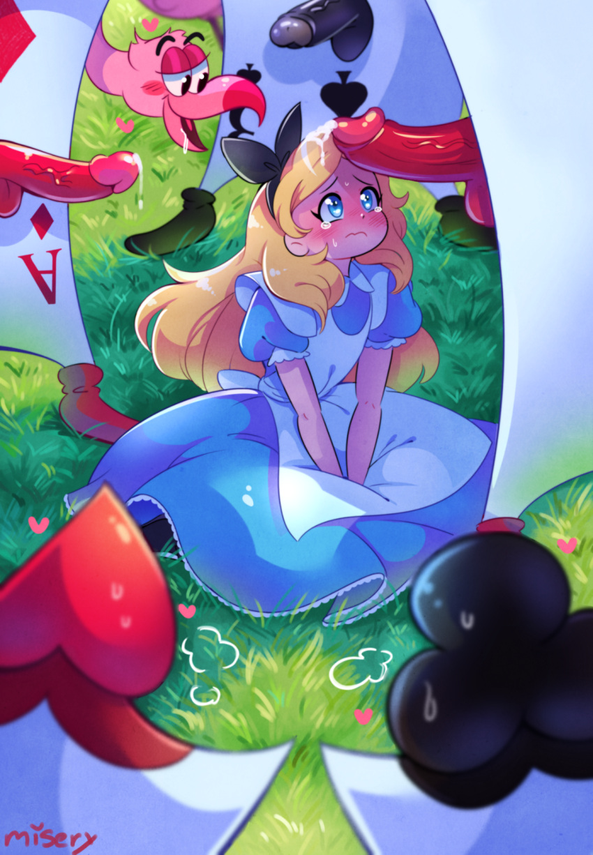 &lt;3 alice_(alice_in_wonderland) alice_in_wonderland animate_inanimate avian bird black_bow blonde_hair blue_clothing blue_dress blush blush_stickers card clothing dress erection female flamingo grass group hair hi_res human male male/female mammal pinowicks plant poker