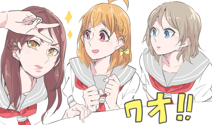 3girls ahoge blue_eyes blush bow braid collarbone commentary_request grey_hair hair_bow hair_ornament hairclip highres kashikaze long_hair looking_at_viewer love_live! love_live!_sunshine!! multiple_girls neckerchief open_mouth orange_hair red_eyes red_hair red_neckerchief sakurauchi_riko school_uniform serafuku shirt short_hair short_sleeves side_braid sidelocks single_sidelock sparkle takami_chika translation_request upper_body uranohoshi_school_uniform v watanabe_you white_shirt yellow_bow yellow_eyes