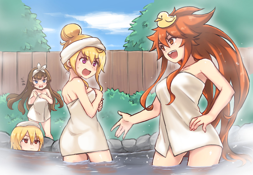 4girls alex_(dragalia_lost) blonde_hair blue_eyes blush breasts brown_hair dragalia_lost ekra elisanne hair_between_eyes hair_bun in_water julietta_(dragalia_lost) long_hair multiple_girls naked_towel onsen open_mouth orange_eyes orange_hair purple_eyes red_eyes rubber_duck short_hair single_hair_bun teeth towel upper_teeth_only vanessa_(dragalia_lost)