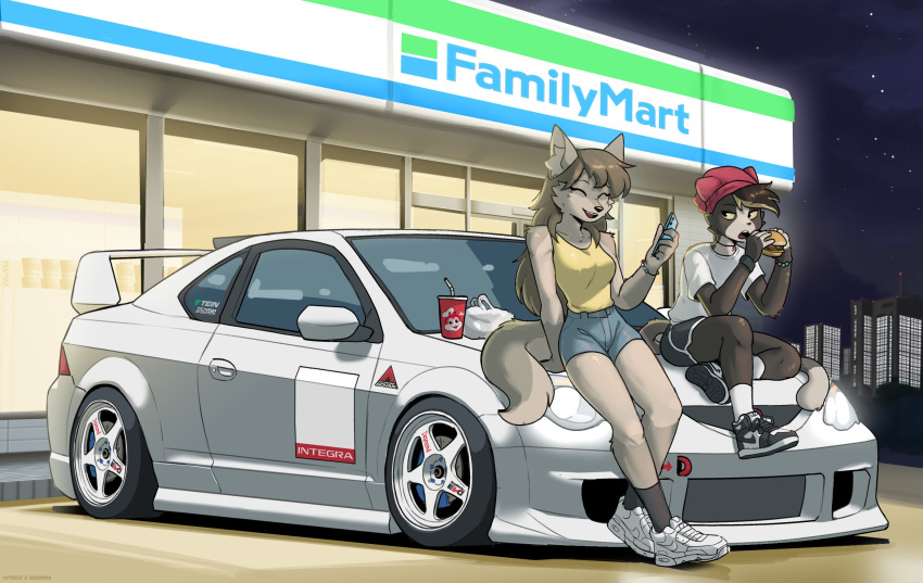 2girls ^_^ air_jordan_1 air_max air_max_90 animal_ear_fluff animal_ears animal_nose beanie black_hair black_shorts black_socks body_fur breasts brown_hair burger car cellphone closed_eyes collaboration colored_sclera convenience_store denim denim_shorts familymart flat_chest food furry furry_female hat highres holding holding_food honda honda_integra jollibee jollibee_(mascot) long_hair medium_breasts motor_vehicle multiple_girls night night_sky original phone red_headwear shirt shop short_shorts shorts sitting sky sleeveless sleeveless_shirt smartphone socks sonokido spoiler_(automobile) stance_(vehicle) tail vee_(427deer) vehicle_focus white_footwear white_socks wolf_ears wolf_girl wolf_tail yellow_sclera yellow_shirt