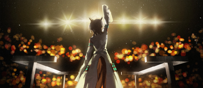 1girl agnes_tachyon_(umamusume) ahoge animal_ears arm_up bandolier brown_hair coat cork cowboy_shot from_behind highres horse_ears horse_girl jw_(p_p_pp_pp) lab_coat short_hair sleeves_past_fingers sleeves_past_wrists solo tail tail_through_clothes test_tube umamusume very_long_sleeves white_coat