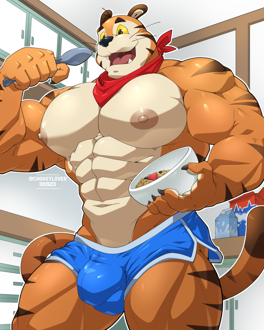 4:5 abs absurd_res anthro bandanna blue_clothing blue_underwear bulge cereal claws clothing cutlery felid food frosted_flakes hi_res kellogg's kerchief kitchen_utensils maldu male mammal mascot mascot_(species) muscular muscular_male nipples open_mouth pantherine solo spoon tiger tony_the_tiger tools underwear whiskers