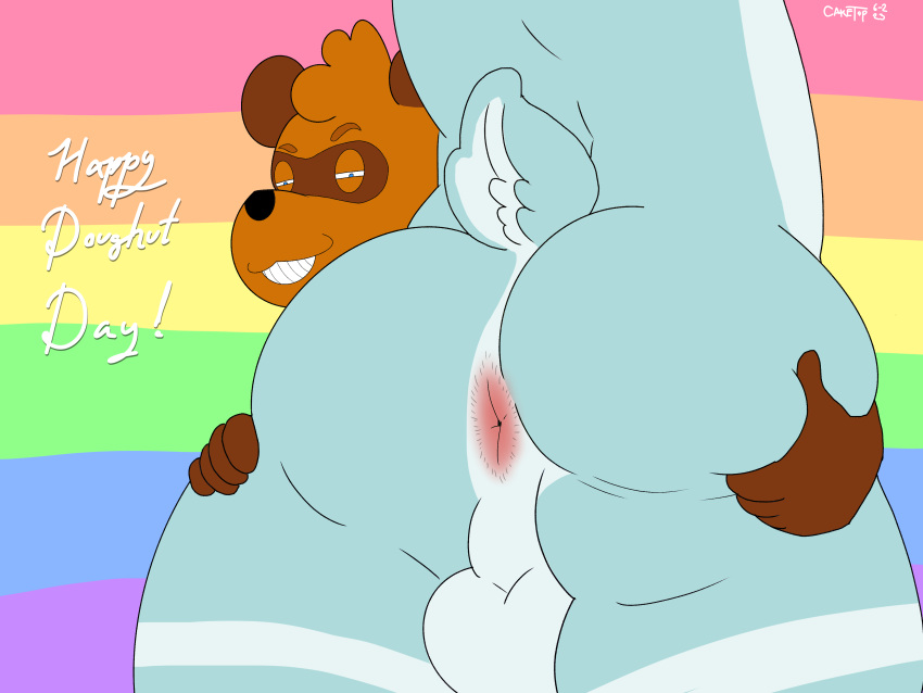 absurd_res animal_crossing anthro anus balls big_butt brown_body brown_fur butt cake_top cake_top_(cake_top) canid canine capreoline deer digital_media_(artwork) duo fur genitals hair hand_on_butt hi_res huge_butt lgbt_pride male male/male mammal nintendo nude pride_colors raccoon_dog rainbow_pride_colors reindeer smile tanuki text tom_nook_(animal_crossing) toothy_grin