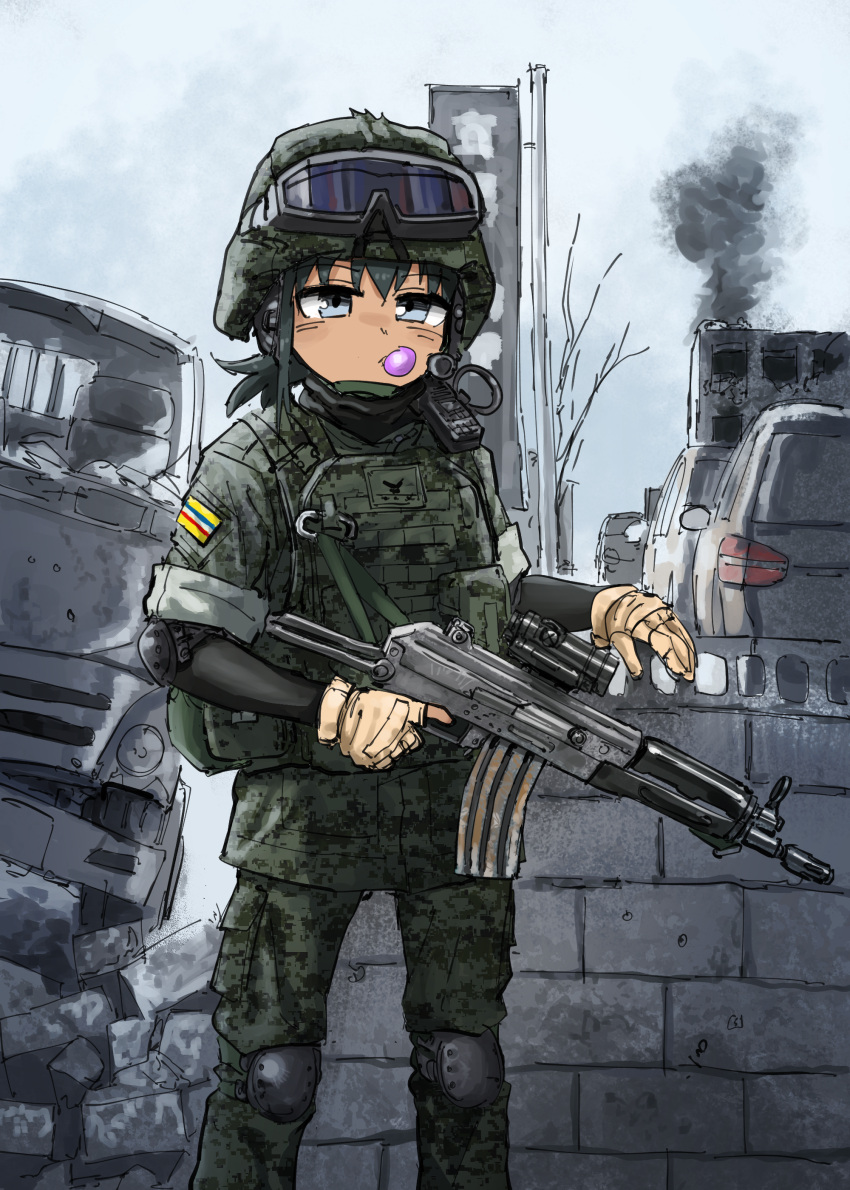1girl absurdres arm_support assault_rifle body_armor brick_wall bulletproof_vest chewing_gum commentary_request flag goggles green_hair gun helmet highres holding holding_gun holding_weapon korean_commentary motor_vehicle original rifle scope tactical_clothes van weapon yihan_world