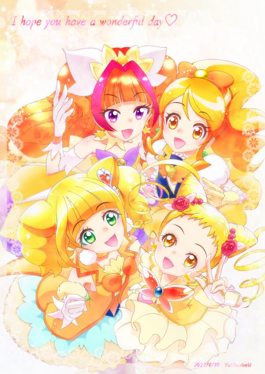 4girls absurdres amanogawa_kirara artist_name black_vest blonde_hair brooch brown_hair butterfly_brooch clover_earrings color_connection cone_hair_bun cure_honey cure_lemonade cure_sparkle cure_twinkle dated double_bun dress drill_hair earrings english_text fingerless_gloves flower gloves go!_princess_precure green_eyes hair_bun hair_flower hair_ornament happinesscharge_precure! healin'_good_precure heart heart_brooch heart_hair_ornament highres hiramitsu_hinata jacket jewelry kasugano_urara_(yes!_precure_5) kawaiikimobuta long_hair looking_at_viewer magical_girl medium_hair multiple_girls oomori_yuuko open_mouth orange_eyes orange_jacket pom_pom_(clothes) pom_pom_earrings precure puffy_short_sleeves puffy_sleeves purple_eyes red_flower red_rose rose series_connection shirt short_sleeves smile star_(symbol) star_earrings swept_bangs two_side_up vest w white_gloves white_shirt yellow_dress yes!_precure_5 yes!_precure_5_gogo!