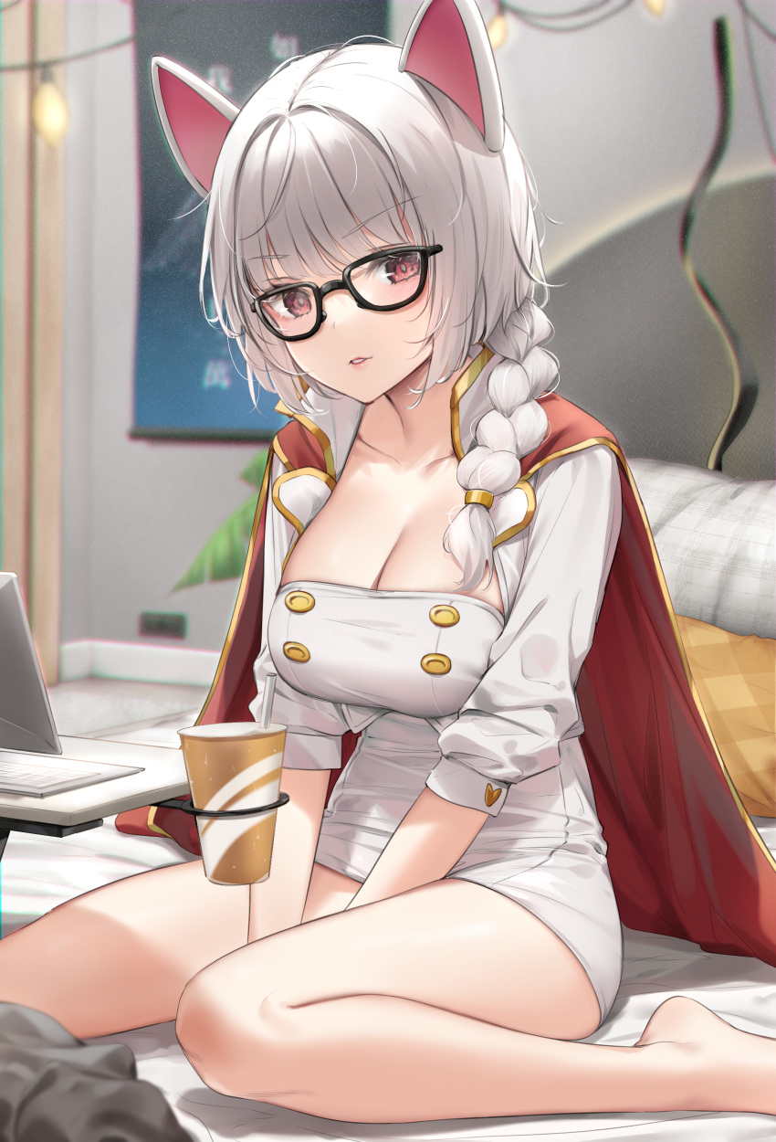 1girl absurdres animal_ears bedroom between_legs braid breasts cape cleavage cup disposable_cup dress glasses hand_between_legs highres indoors large_breasts long_hair looking_at_viewer on_bed original red_eyes single_braid sitting solo wet.elephant white_hair