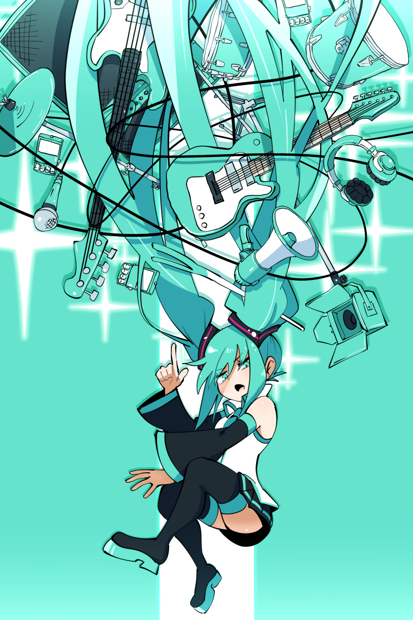 1girl absurdly_long_hair absurdres amplifier bass_guitar black_footwear black_skirt black_sleeves blue_eyes blue_hair blue_necktie boots commentary_request cymbals detached_sleeves drum drum_set drumsticks electric_guitar falling full_body gram_9 guitar hair_between_eyes hair_ornament hatsune_miku headphones highres index_finger_raised instrument long_hair looking_at_viewer medium_bangs microphone miniskirt necktie open_mouth pleated_skirt shirt skirt sleeveless sleeveless_shirt solo sparkle stage_lights thigh_boots very_long_hair vocaloid