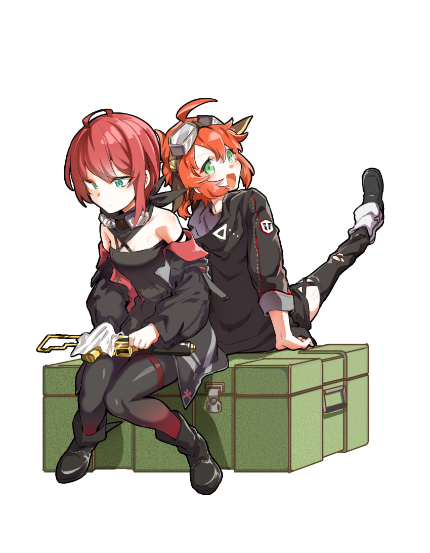 2girls ahoge back-to-back bare_shoulders black_footwear boots breasts cleaning_weapon girls'_frontline goggles goggles_around_neck goggles_on_head green_eyes gun highres hood hood_down hooded_jacket jacket leg_up looking_at_viewer looking_back medium_hair mpk_(girls'_frontline) mpl_(girls'_frontline) multiple_girls myon2 off_shoulder open_mouth pantyhose red_hair siblings simple_background sisters sitting small_breasts smile submachine_gun walther_mpl weapon white_background