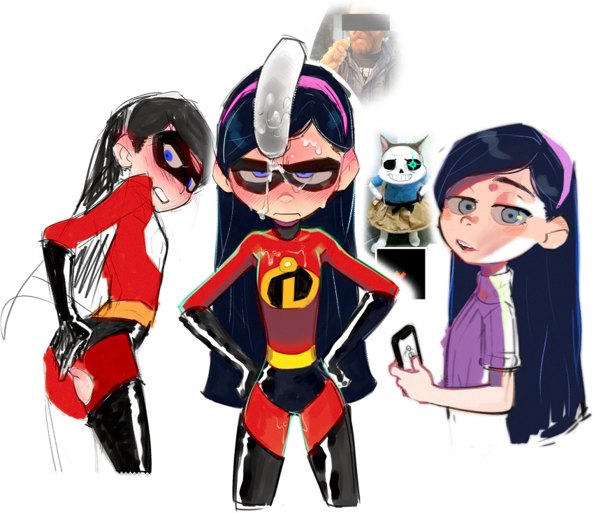 ass blue_eyes blush cellphone chi-iz closed_mouth cum facial hairband highres open_mouth penis penis_on_head phone pixar purple_hairband sans simple_background superhero teeth the_incredibles undertale variations violet_parr white_background