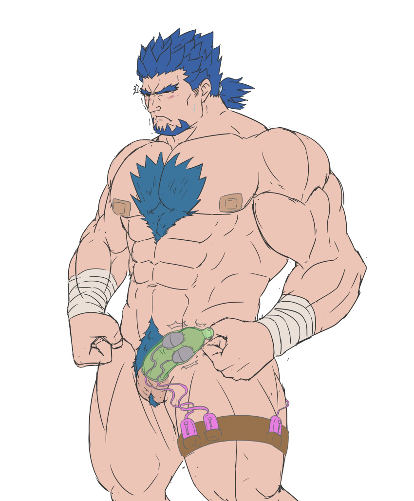 1boy absurdres bandaid bandaids_on_nipples bara blue_hair blush bucchigiri clenched_hands completely_nude condom condom_on_penis excessive_pubic_hair facial_hair facing_ahead feet_out_of_frame flat_color forked_eyebrows goatee highres kenchiro_(bucchigiri) large_pectorals low_ponytail male_focus male_pubic_hair mature_male minatsumi muscular muscular_male navel nude pasties pectorals penis pubic_hair shaded_face short_hair short_ponytail solo spiked_hair standing thick_chest_hair thick_eyebrows thighs trembling twitching_penis vibrator_in_thigh_strap