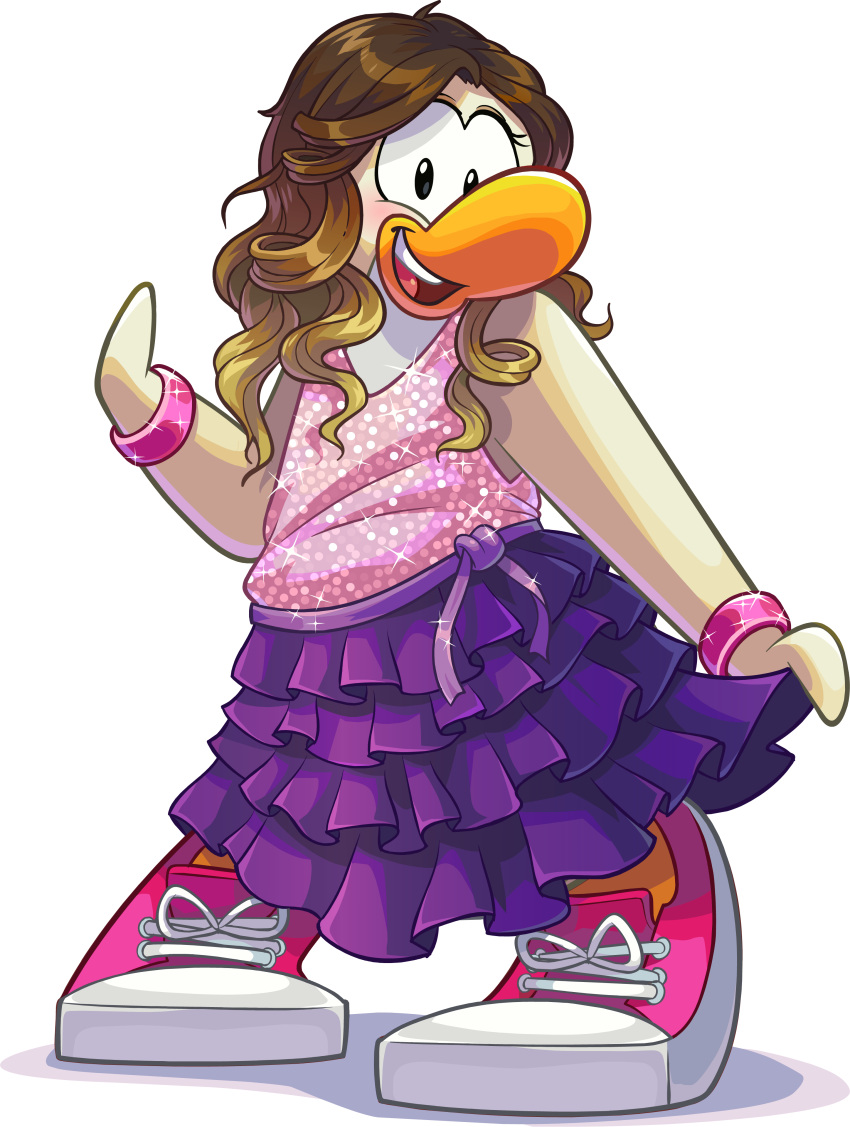 absurd_res alpha_channel avian bird blonde_hair bottomwear bracelet brown_hair clothing club_penguin female footwear full-length_portrait gradient_hair hair hi_res jewelry long_hair looking_at_viewer official_art open_mouth penguin pink_clothing pink_footwear pink_shirt pink_topwear portrait purple_bottomwear purple_clothing purple_skirt shirt shoes skirt sleeveless_shirt solo topwear unknown_artist upper_teeth violetta_castillo