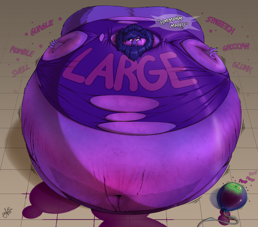 absurd_res anthro balloon belly big_belly blue_body blue_fur blue_hair blueberry_inflation body_inflation cheek_bulge claws clothed clothing dripping english_text female filling_balloon fruit_juice fur groan hair hi_res hose hyper hyper_inflation immobile inflatable inflating_balloon inflation makeup mammal markings mascara mascara_tears mephitid navel neck_tuft peril purple_body purple_fur running_mascara scared skunk slosh sloshing_belly solo sound_effects spherical_inflation striped_markings striped_tail stripes tail tail_markings text tight_clothing torn_clothing tuft voodoo voodoo_inflation zoidberg656art