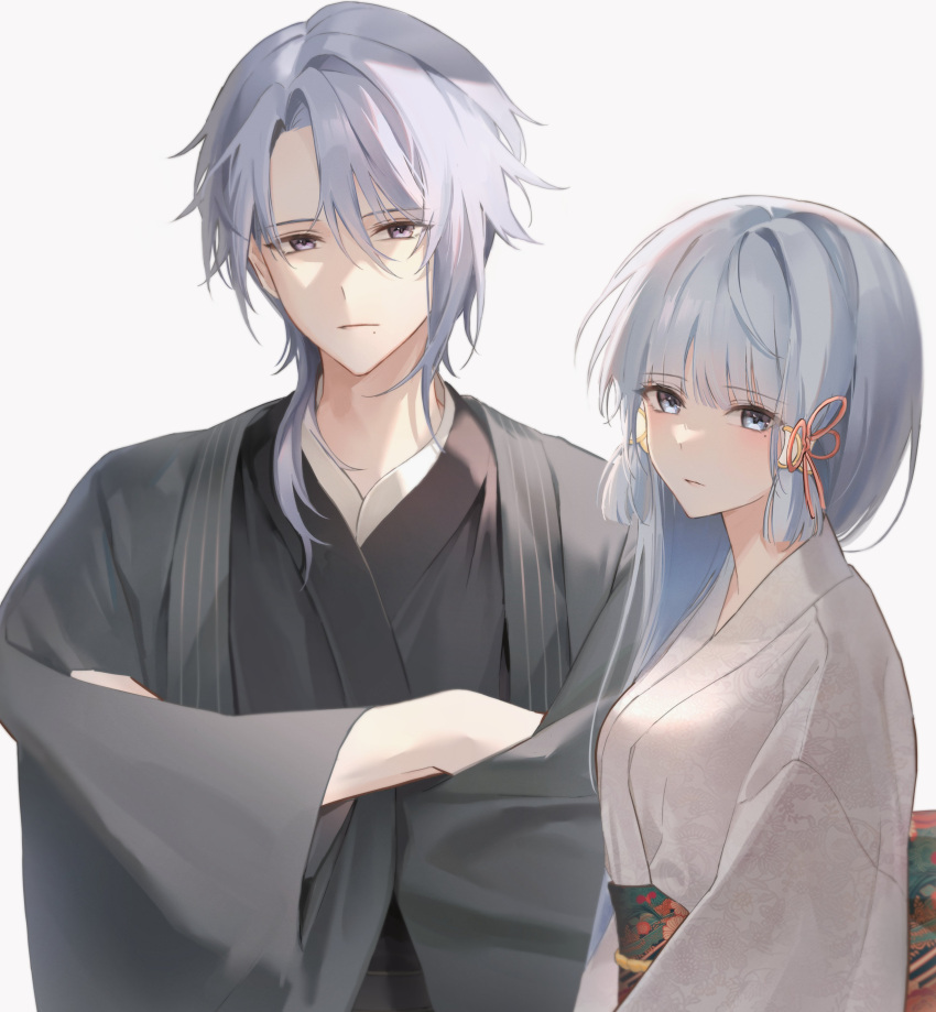 1boy 1girl absurdres blue_eyes blunt_bangs blush breasts brother_and_sister closed_mouth crossed_arms genshin_impact hair_between_eyes hair_ribbon highres japanese_clothes kamisato_ayaka kamisato_ayato kimono long_hair long_sleeves looking_at_viewer medium_breasts mole mole_under_eye mole_under_mouth obi pink_ribbon purple_eyes ribbon sash siblings sidelocks simple_background tress_ribbon upper_body whitecookie1001 wide_sleeves