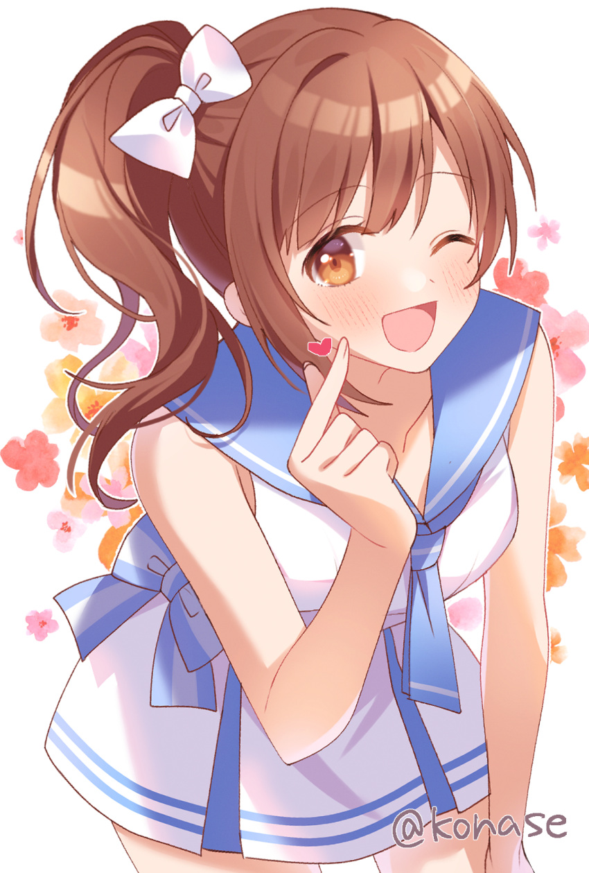 1girl ;d alternate_costume blue_sailor_collar blush bow breasts brown_hair collarbone dress finger_heart floral_background hair_bow heart highres idolmaster idolmaster_cinderella_girls igarashi_kyoko konase_(non_stop!) leaning_forward looking_at_viewer medium_breasts one_eye_closed sailor_collar sailor_dress side_ponytail smile solo twitter_username