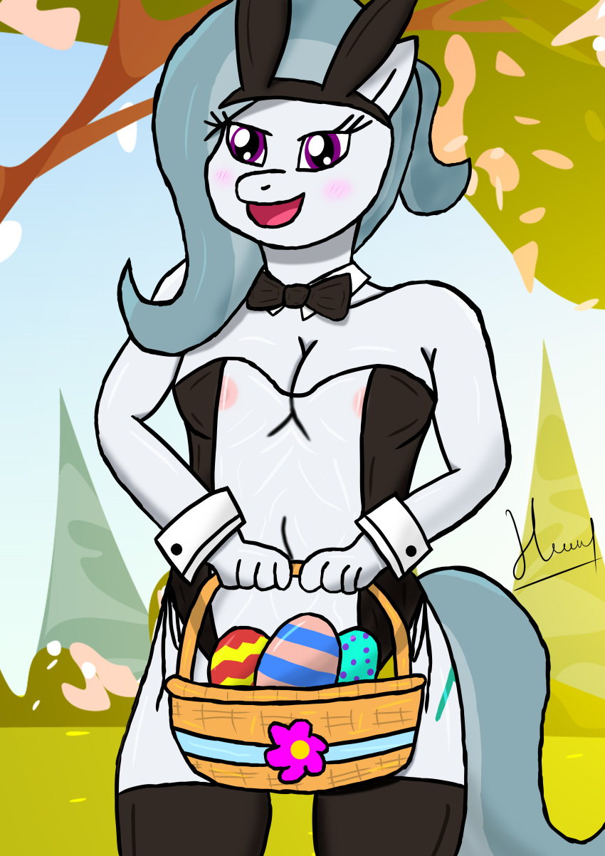 absurd_res anthro basket breasts brush brushing bucket bunny_band bunny_costume clothed clothing container costume digital_drawing_(artwork) digital_media_(artwork) duo earth_pony easter easter_basket easter_egg egg english_text eqf18 equid equine eyewear fan_character female flower flower_accessory hair half_naked happy happy_easter hasbro hi_res holidays horn horse legwear mammal my_little_pony navel navel_fetish navel_outline nipples open_clothing open_mouth plant pony portrait purple_eyes shocked_face silver_bell_(eqf18) silver_hair solo spring spring_(season) stockings tail text tree unicorn watermark