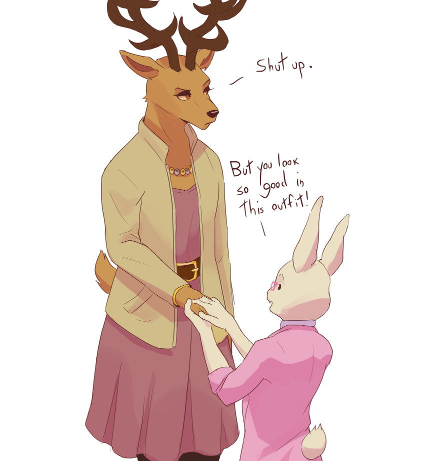 2023 5_fingers accessory anthro antlers beastars belt black_nose blazer brown_body brown_fur cervine clothed clothing collar colored crossdressing deer digital_media_(artwork) domestic_rabbit dress duo dwarf_rabbit english_text eyebrows eyelashes eyewear female fingers fluffy fluffy_tail fur glasses half-closed_eyes hand_holding haru_(beastars) hi_res horn jacket jewelry lagomorph legwear leporid long_ears looking_away louis_(beastars) male mammal murizy narrowed_eyes oryctolagus pantyhose plantigrade rabbit red_deer shaded simple_background size_difference tail text topwear white_body white_fur yakuza_(series)