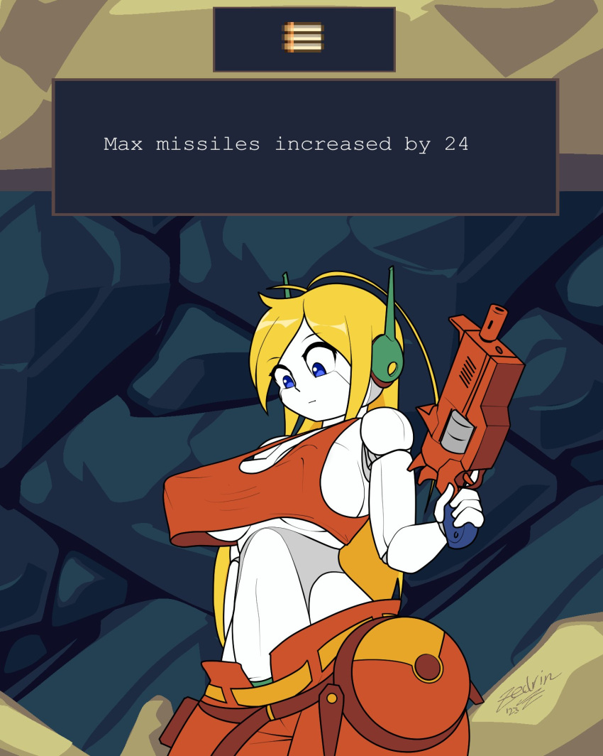 ahoge big_breasts blonde_hair blue_eyes bottomwear breast_expansion breasts cave_story clothing curly_brace expansion female gameplay_mechanics gun hair hi_res humanoid looking_at_breasts looking_down machine midriff navel nipple_outline not_furry open_mouth pants ranged_weapon robot robot_humanoid side_boob signature solo text topwear under_boob weapon white_body wide_hips zedrin