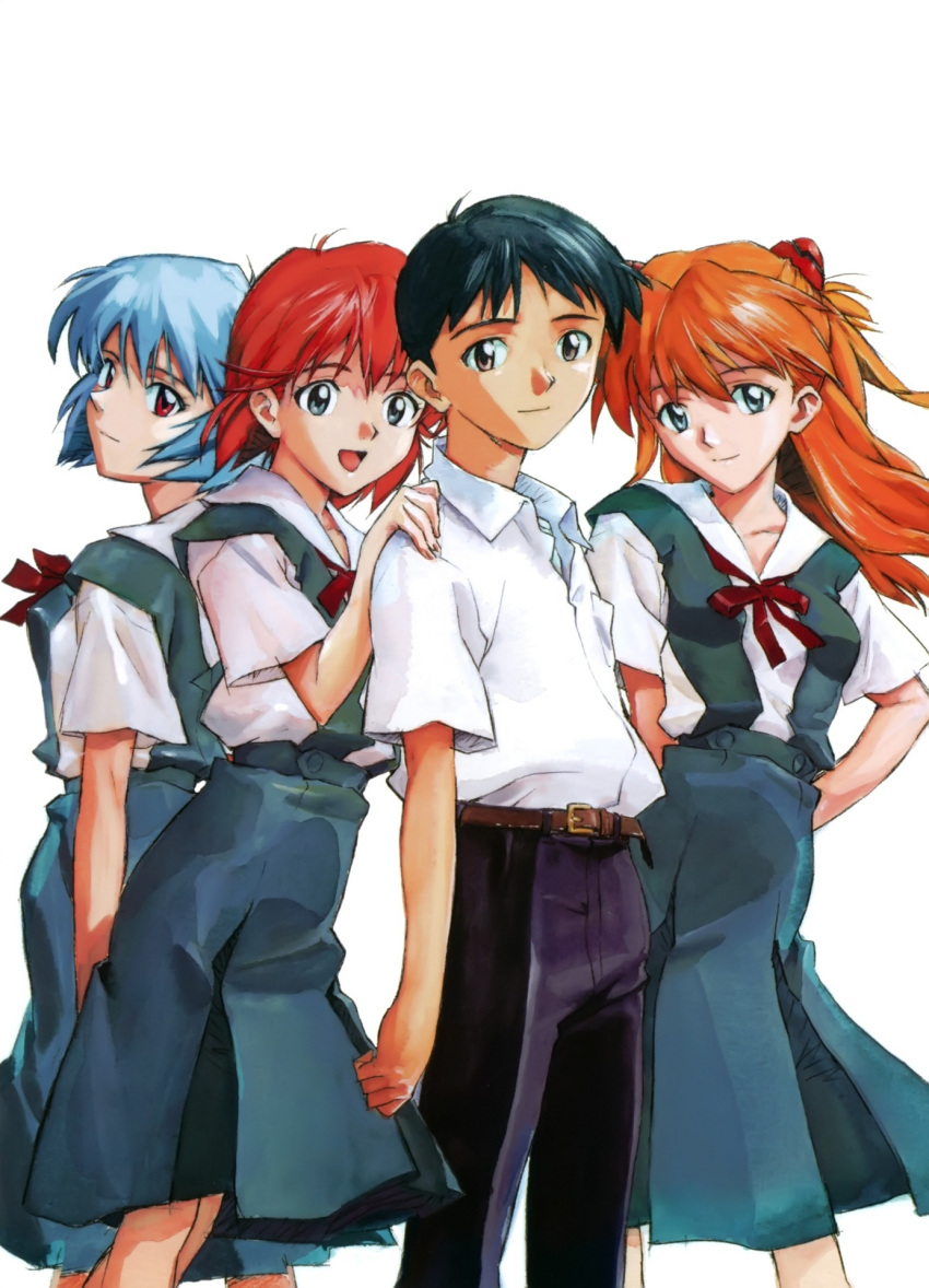 1boy 3girls ayanami_rei belt blue_hair brown_belt highres ikari_shinji kirishima_mana multiple_girls neon_genesis_evangelion official_art open_mouth orange_hair red_eyes school_uniform short_hair simple_background smile souryuu_asuka_langley tokyo-3_middle_school_uniform white_background