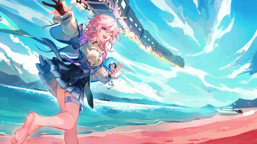 1girl :d archery_shooting_glove artist_name astral_express_(honkai:_star_rail) barefoot beach black_choker black_gloves blue_eyes blue_jacket blue_skirt blue_sky boat camera choker colored_sand day earrings english_commentary gloves hair_between_eyes highres holding holding_camera honkai:_star_rail honkai_(series) indonesia instagram_logo instagram_username jacket jewelry leg_up long_sleeves looking_at_viewer march_7th_(honkai:_star_rail) medium_hair mint-tan multicolored_eyes ocean one_eye_closed open_mouth outdoors partially_fingerless_gloves pink_eyes pink_hair pleated_skirt sand shirt single_glove skirt sky smile solo thigh_strap train twitter_logo twitter_username two-tone_eyes watercraft white_shirt wide_shot