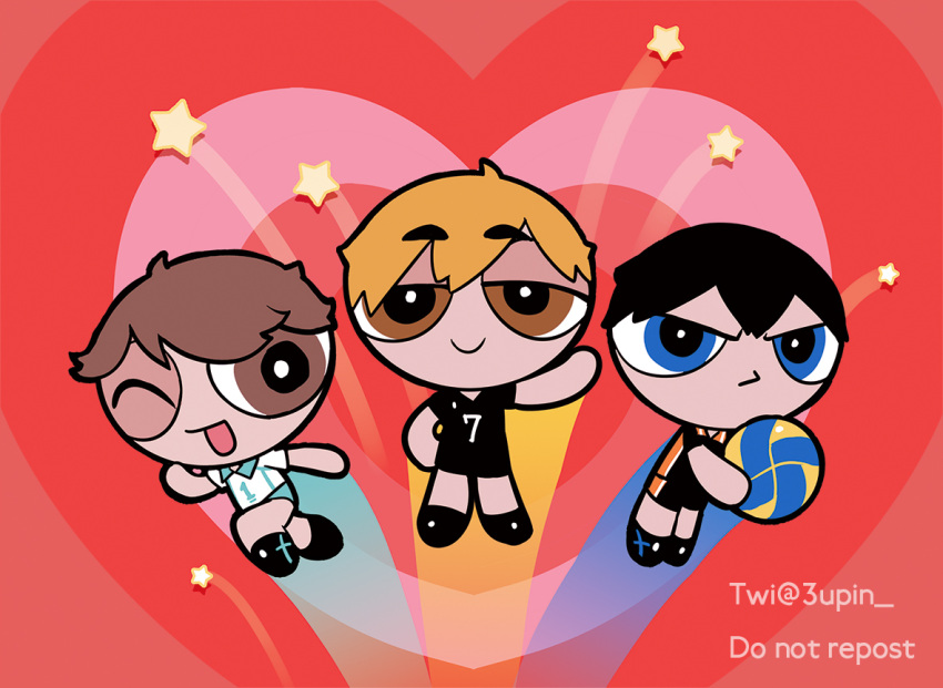 3_upin 3boys ahoge aoba_johsai_volleyball_uniform arm_up ball black_footwear black_hair blonde_hair blue_eyes brown_eyes brown_hair c: chibi haikyuu!! heart heart_background holding holding_ball kageyama_tobio karasuno_volleyball_uniform male_focus miya_atsumu multiple_boys oikawa_tooru_(haikyuu!!) one_eye_closed parody pout powerpuff_girls short_hair smile sportswear star_(symbol) toon_(style) twitter_username volleyball volleyball_uniform