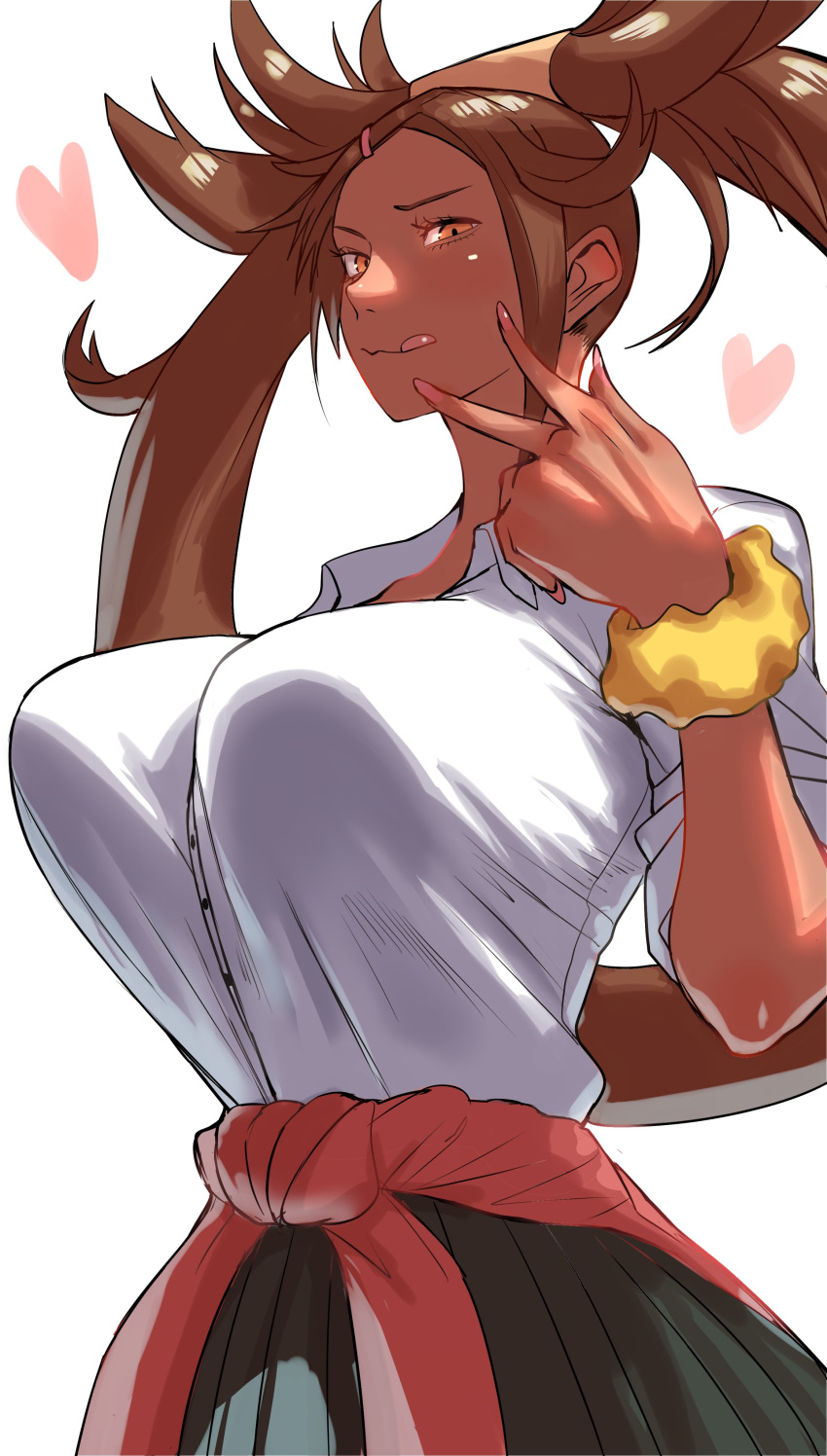 1girl absurdres akasa523 breasts guilty_gear heart highres kuradoberi_jam licking_lips looking_at_viewer orange_eyes shirt tan tied_sweater tongue tongue_out v white_shirt