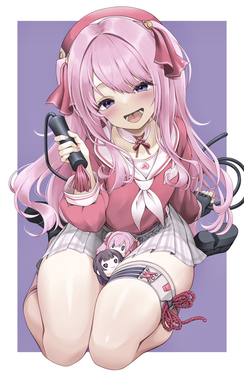 1girl between_thighs black_footwear black_gloves blush fingerless_gloves gloves goddess_of_victory:_nikke high-waist_skirt highres holding holding_whip id_card long_hair mihara_(nikke) mole mole_under_mouth neckerchief pink_hair pink_serafuku piyopiyomaru_(piyo8823) plaid plaid_skirt pleated_skirt purple_eyes red_headwear rope sailor_collar school_uniform serafuku sidelocks single_glove skindentation skirt smile solo teeth thighs white_neckerchief white_sailor_collar yuni_(nikke) yuni_(pretty_in_pink)_(nikke)