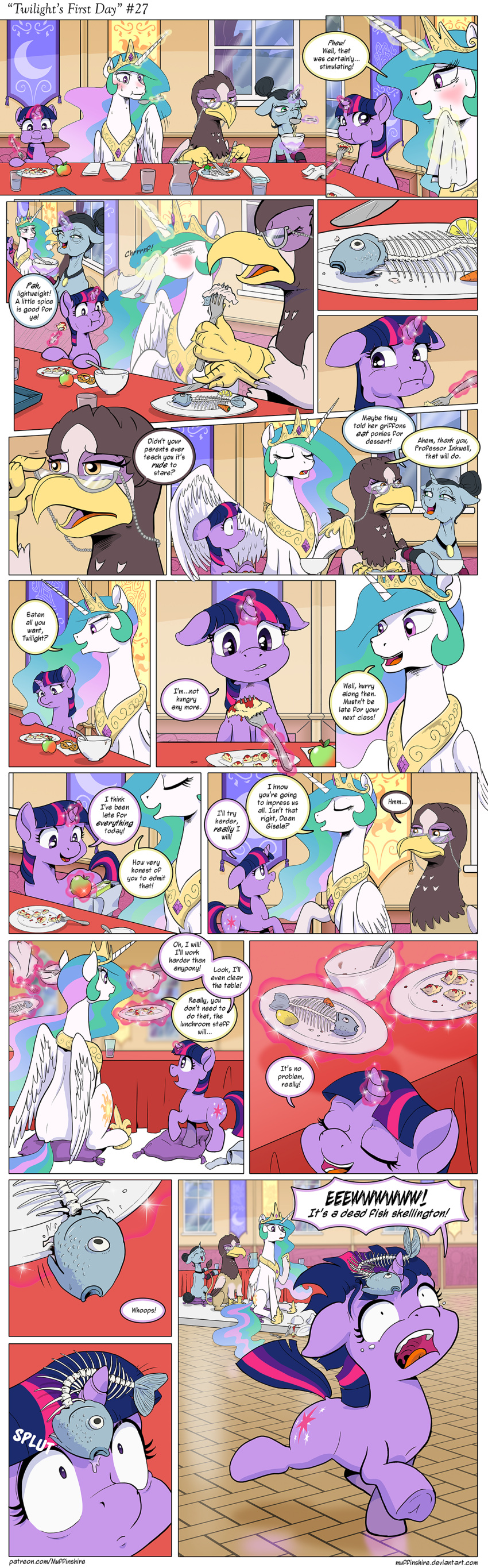 absurd_res avian comic crown eating equid equine eyewear fan_character female fish friendship_is_magic glasses gryphon hasbro headgear hi_res horn jewelry mammal marine muffinshire my_little_pony mythological_avian mythology necklace princess_celestia_(mlp) tiara twilight_sparkle_(mlp) unicorn winged_unicorn wings