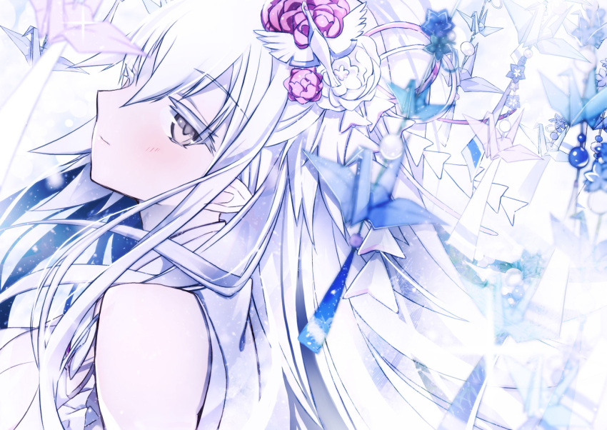 07touka25 1girl bare_shoulders bloom closed_mouth commentary_request eyelashes floating_hair flower hair_flower hair_ornament long_hair looking_back origami paper_crane sidelocks sleeveless solo tenka_hyakken tsurumaru_kuninaga_(tenka_hyakken) upper_body white_hair yellow_eyes