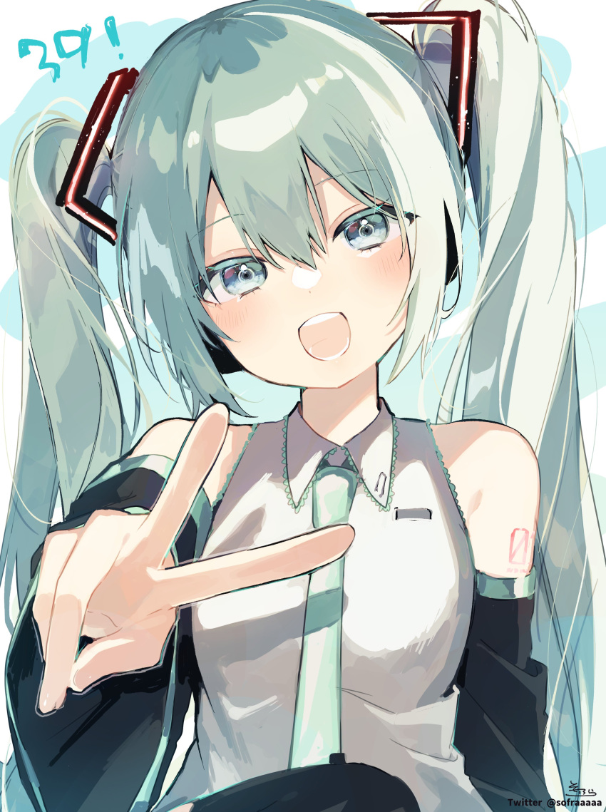 1girl 39 :d absurdres bangs black_sleeves black_thighhighs blue_eyes collared_shirt commentary_request detached_sleeves green_hair green_necktie hair_between_eyes hatsune_miku head_tilt highres long_hair long_sleeves looking_at_viewer miku_day necktie outstretched_arm shirt signature sleeveless sleeveless_shirt smile sofra solo teeth thighhighs twintails twitter_username upper_body upper_teeth_only v very_long_hair vocaloid white_shirt wide_sleeves