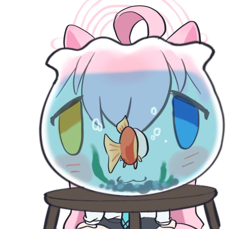 1girl 5uj0 :3 ahoge air_bubble animal_ears animalization black_skirt blue_archive blue_eyes blue_necktie blush_stickers bubble cat_ears chibi commentary_request empty_eyes fish fishbowl goldfish halo hands_on_own_thighs highres hoshino_(blue_archive) kemonomimi_mode korean_commentary looking_at_animal necktie pink_hair refraction sensei_(blue_archive) shirt simple_background sitting skirt solo staring tareme water white_background white_shirt yellow_eyes