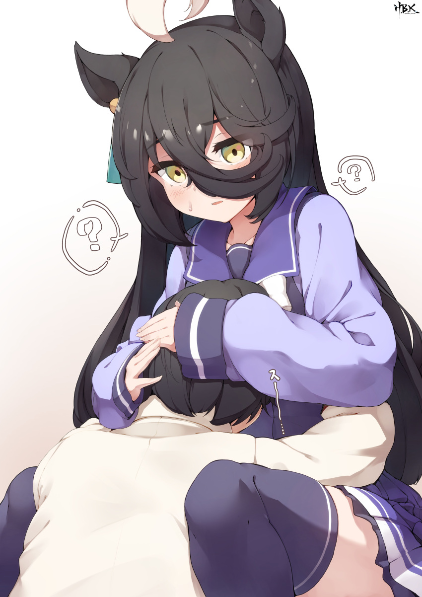 1boy 1girl ? absurdres ahoge animal_ears artist_logo black_hair bow breast_smother commentary_request earrings face_to_breasts hair_between_eyes hibiki_(zerocodo) highres horse_ears horse_girl jewelry long_hair long_sleeves manhattan_cafe_(umamusume) multicolored_hair pleated_skirt purple_serafuku purple_shirt purple_skirt purple_thighhighs sailor_collar school_uniform serafuku shirt single_earring skirt spoken_question_mark streaked_hair thighhighs tracen_school_uniform trainer_(umamusume) umamusume white_bow white_hair winter_uniform yellow_eyes