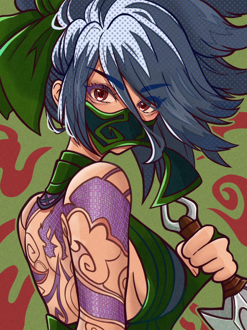 1girl akali arm_tattoo asymmetrical_bangs asymmetrical_hair back_tattoo black_hair breasts dagger fingernails from_side hair_between_eyes high_ponytail highres holding holding_dagger holding_knife holding_weapon kawaguti_kappa knife kunai league_of_legends long_hair looking_at_viewer mask mouth_mask ninja red_eyes sideboob simple_background single_bare_shoulder solo tattoo upper_body weapon