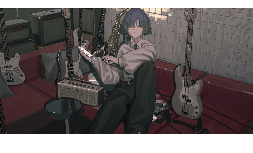 absurdres alcxome bass_guitar black_pants blue_hair bocchi_the_rock! fender_precision_bass highres holding holding_phone instrument looking_at_viewer mole mole_under_eye pants phone saxophone shirt short_hair sitting white_shirt yamada_ryou yellow_eyes