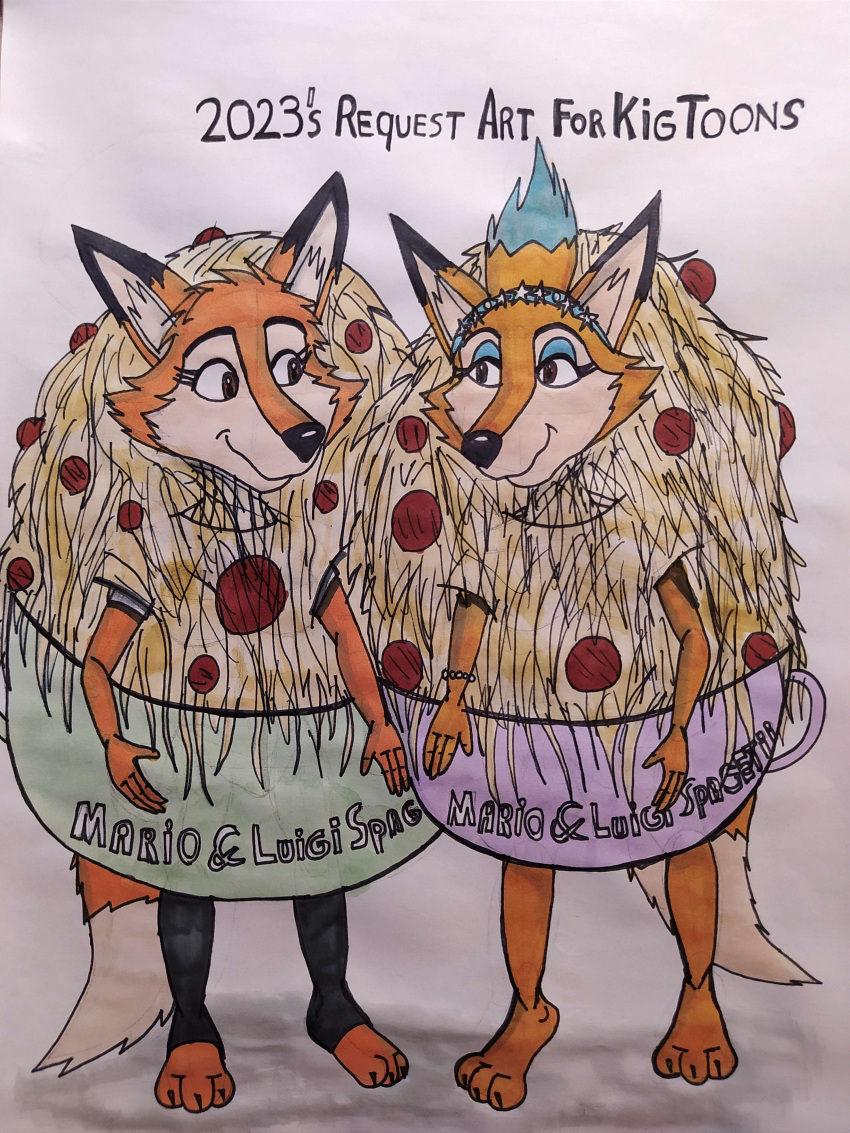 3:4 absurd_res anthro canid canine clothing costume darma_(rock_dog) duo female female/female food food_costume fox hi_res lil'_foxy mammal meatball meatball_costume pasta rock_dog spaghetti spaghetti_costume stevenafc11