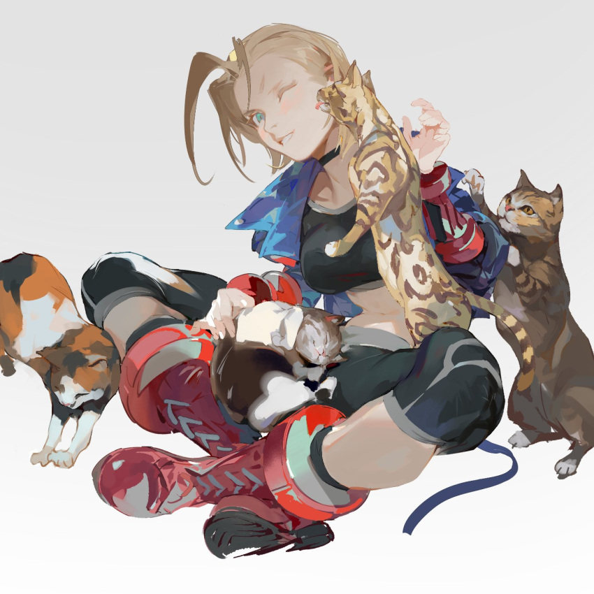 1girl ahoge blonde_hair blue_jacket breasts cammy_white cat collar highres jacket lucaxu1991 medium_hair multiple_cats one_eye_closed red_footwear sitting smile solo sportswear street_fighter street_fighter_6 tank_top white_background