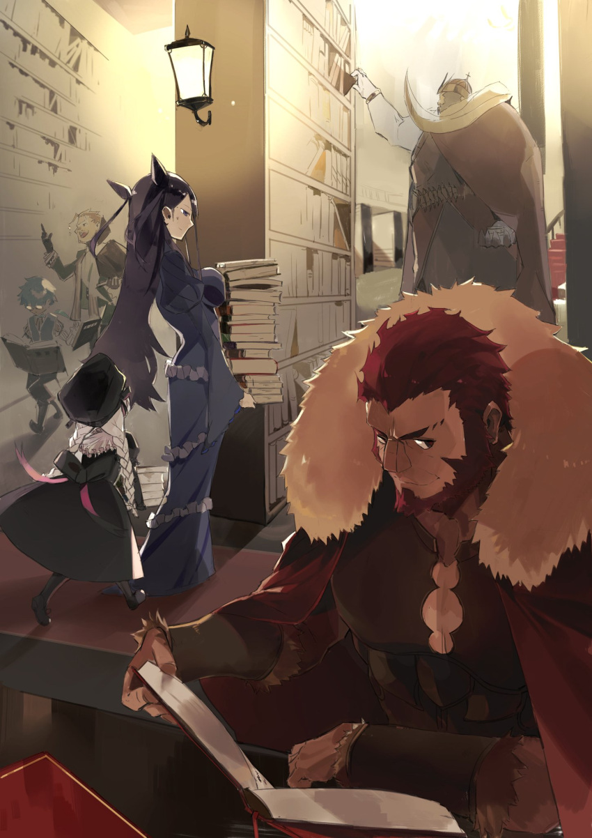 2girls 4boys armor bara beard big_nose book breastplate breasts cape crown dark-skinned_male dark_skin facial_hair fate/grand_order fate_(series) female_child floating floating_book floating_object front_slit fur-trimmed_cape fur_trim glasses hans_christian_andersen_(fate) highres holding holding_book index_finger_raised iskandar_(fate) ivan_the_terrible_(fate) large_pectorals library long_hair looking_at_viewer male_child mature_male monster_boy multiple_boys multiple_girls murasaki_shikibu_(fate) muscular muscular_male nursery_rhyme_(fate) opaque_glasses open_book pectoral_cleavage pectorals rathalosx4 red_cape red_eyes red_hair seductive_smile short_hair smile talking thick_eyebrows tusks walking william_shakespeare_(fate)
