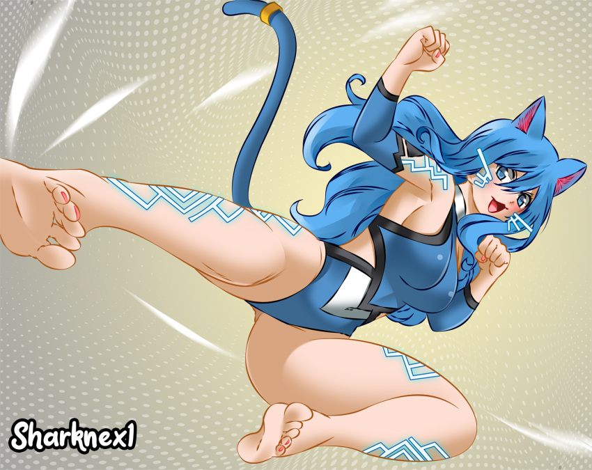 1girl :3 :d animal_ears artist_name barefoot blue_eyes blue_hair blue_leotard blue_sleeves breasts cat_ears cat_tail clenched_hands covered_navel detached_sleeves dress eden's_zero english_commentary feet flying_kick halterneck kemonomimi_mode kicking large_breasts leotard long_hair looking_at_viewer official_alternate_costume rebecca_bluegarden sharknex sleeveless sleeveless_dress smile solo tail