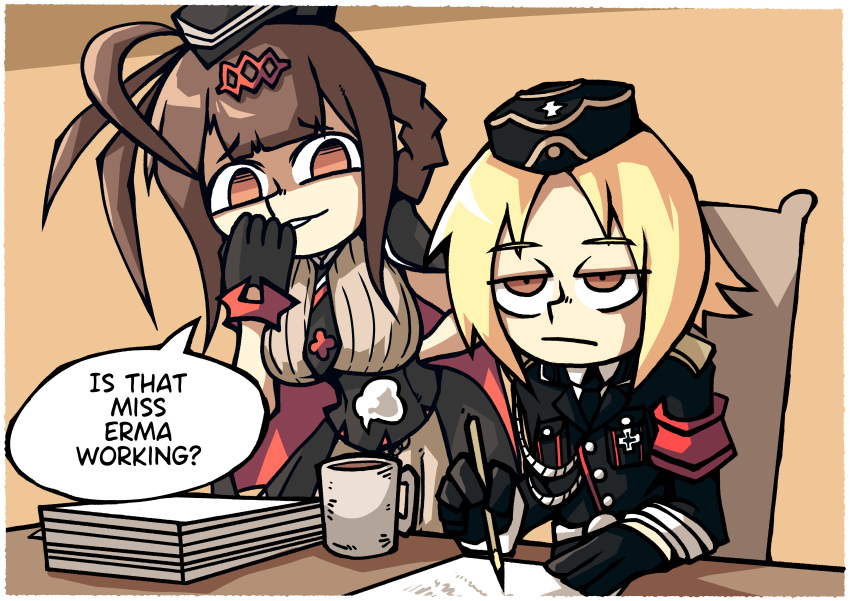 2girls absurdres ahoge armband black_gloves blonde_hair blunt_bangs breasts brown_background brown_eyes brown_hair closed_mouth coffee_mug cross cup dsr-50_(girls'_frontline) garrison_cap girls'_frontline gloves hair_ornament hand_up hat highres holding iron_cross large_breasts long_hair military military_hat military_uniform mp40_(girls'_frontline) mug multiple_girls necktie non-web_source paper paper_stack parted_bangs parted_lips setz shirt short_hair sidelocks simple_background smile table uniform white_shirt