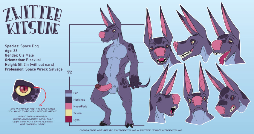 balls erection fangs forked_tongue genitals hi_res humanoid_genitalia humanoid_penis long_ears male model_sheet penis pupils purple_body red_eyes sharp_teeth slit_pupils space_dog teeth tongue yellow_sclera zwitterkitsune zwitterkitsune_(character)