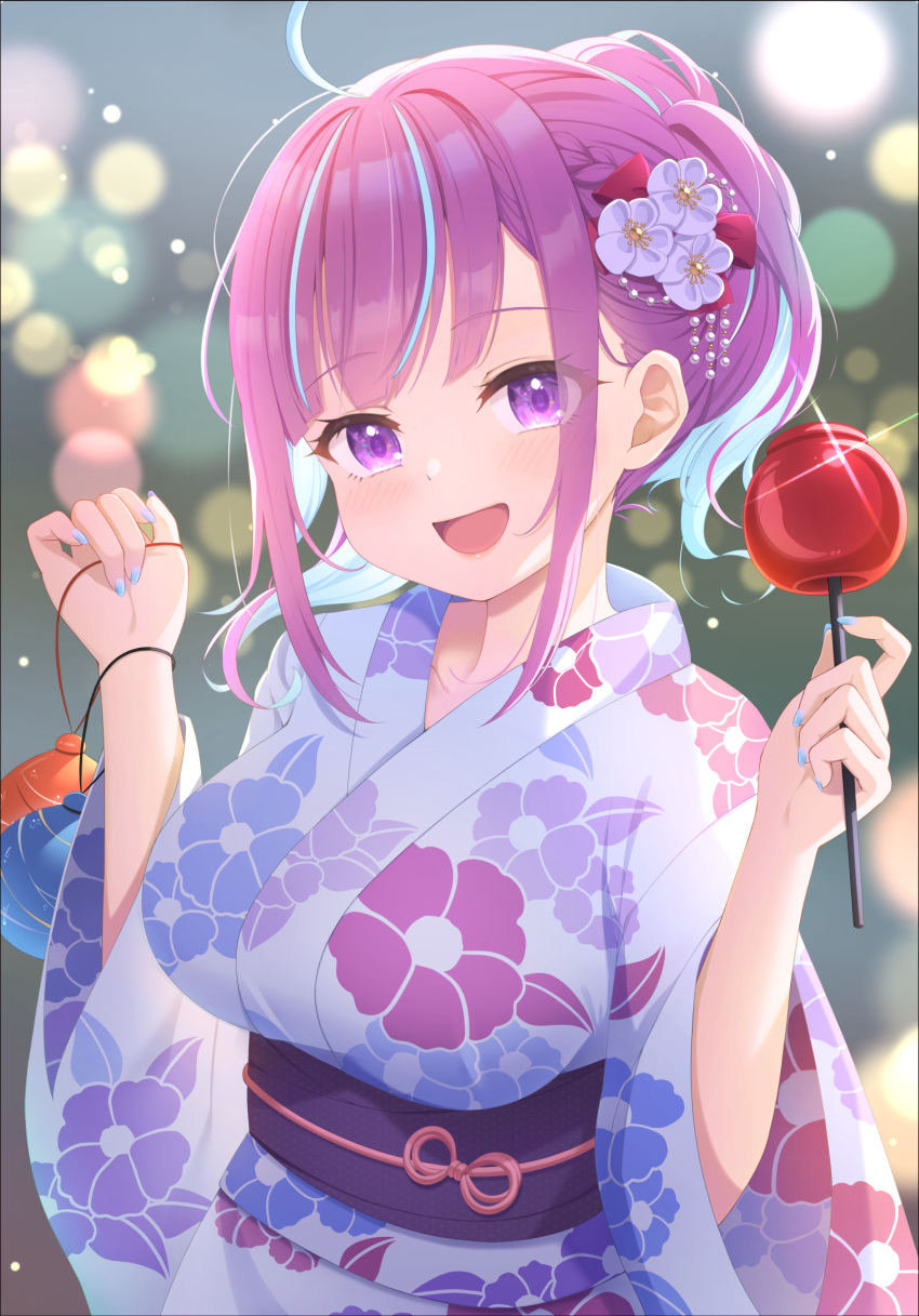 1girl ahoge alternate_costume blue_hair blue_nails blush breasts candy_apple colored_inner_hair commentary floral_print food hair_ornament hands_up highres holding hololive japanese_clothes keikei_(kitty_colors) kimono large_breasts looking_at_viewer minato_aqua multicolored_hair obi open_mouth print_kimono purple_eyes purple_hair sash short_hair smile solo streaked_hair two-tone_hair upper_body virtual_youtuber white_kimono wide_sleeves yukata