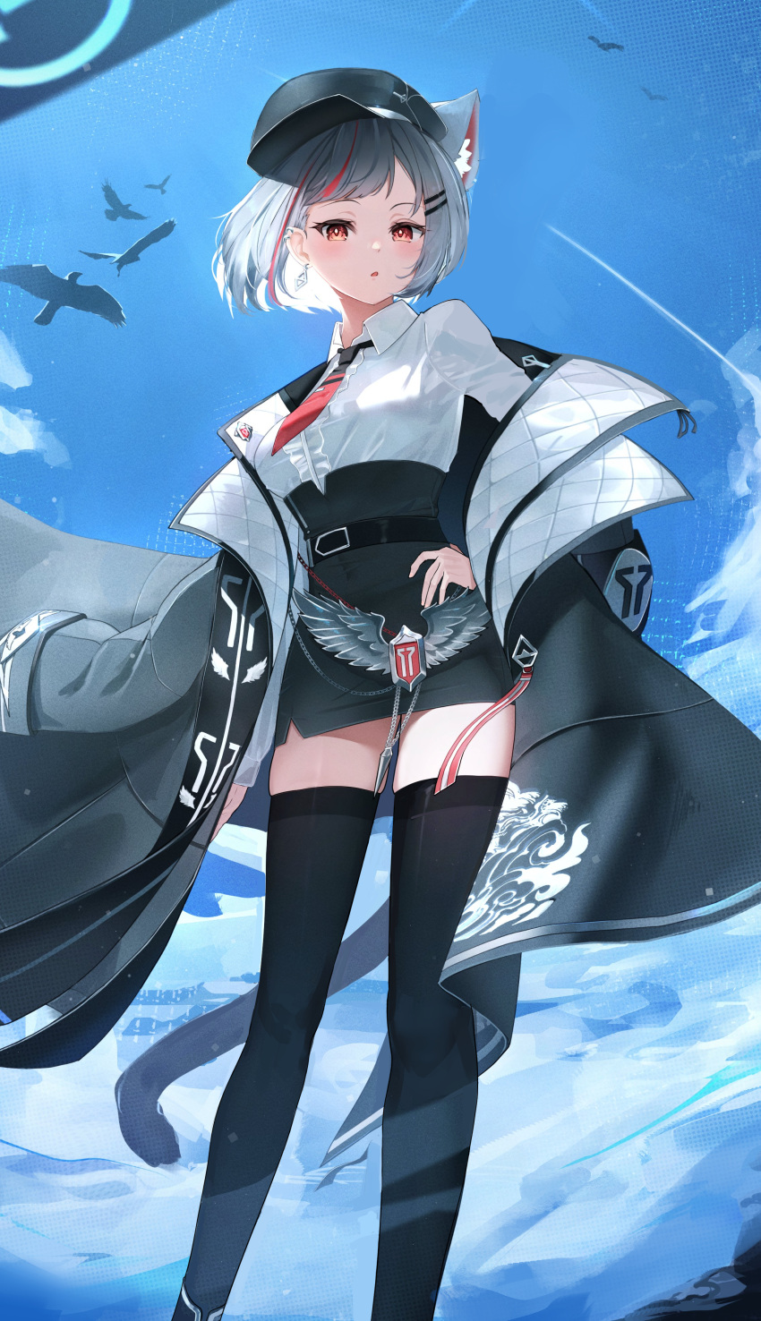 1girl :o absurdres animal_ear_fluff animal_ears belt bird black_belt black_headwear black_jacket black_skirt black_thighhighs blue_sky breasts cabbie_hat cat_ears cat_girl cat_tail center_frills chain collared_shirt contrapposto dress_shirt ear_piercing earrings frills grey_hair grey_jacket hair_ornament hairclip hand_on_own_hip hat high-waist_skirt highres jacket jewelry large_breasts long_sleeves looking_at_viewer miniskirt multicolored_hair necktie neneko_mashiro off_shoulder open_clothes open_jacket pencil_skirt piercing red_eyes red_necktie shirt shirt_tucked_in short_hair skirt sky solo stellive streaked_hair tail thighhighs three_twosix underbust virtual_youtuber white_shirt wing_collar zettai_ryouiki